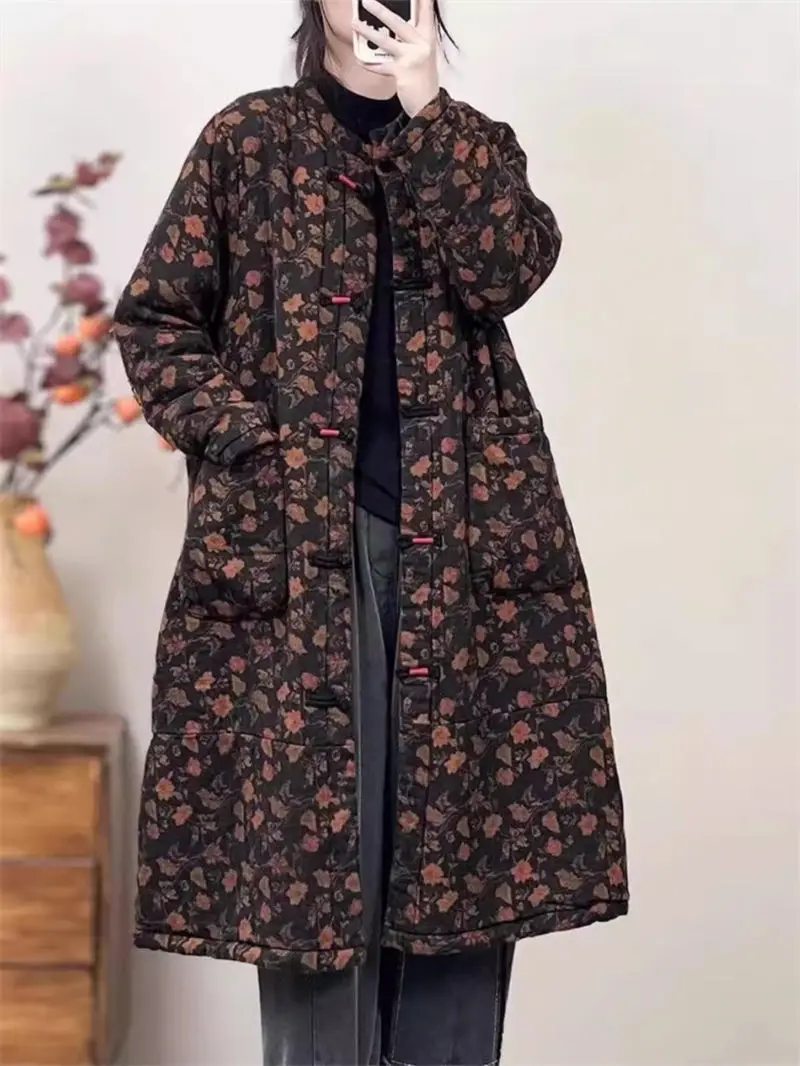 Winter Women Jackets 2024 Chinese Style Retro Plate Buckle Printed Cotton Clothing Medium Long Ethnic Warm Quilted Coat K1851