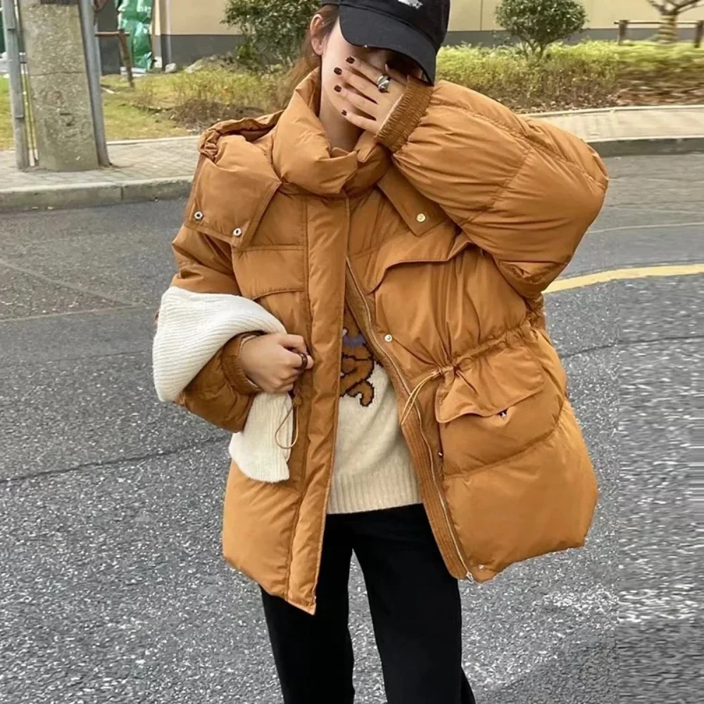 2024 New Winter Coat Female Women Jacket Hooded Stand Collar Parkas Coat Drawstring White Duck Down Jacket Outerwears Fashion