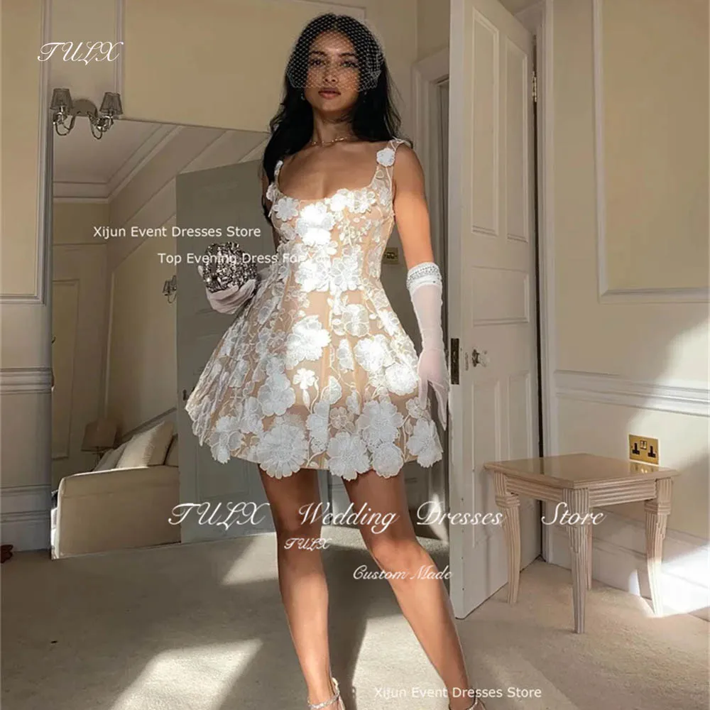 TULX Short A Line Champagne Wedding Dresses Wide Straps Applique Flowers Mini Bridal Gowns Prom Dress Party Cocktail Gown