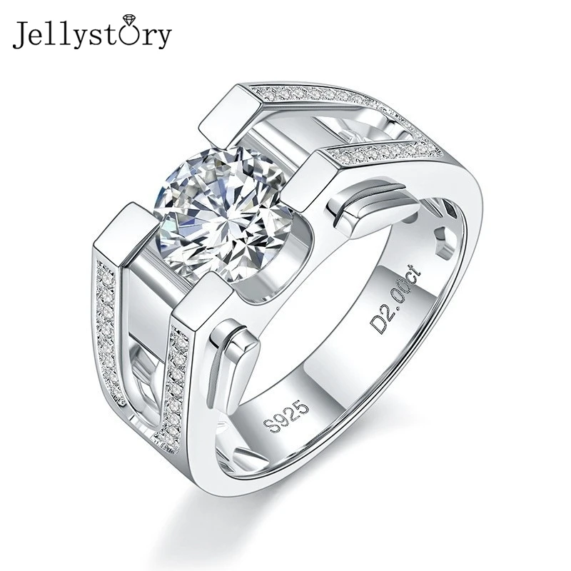 JellyStory Men‘s 2 Carat Business Ring New S925 Silver Light Luxury High-End Moissanite Perfect for Office and Formal Events