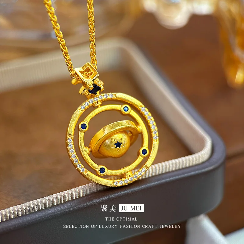 Luxury 24K 9999 Pure Gold real gold Women's Rotating Small Planet Pendant Necklace