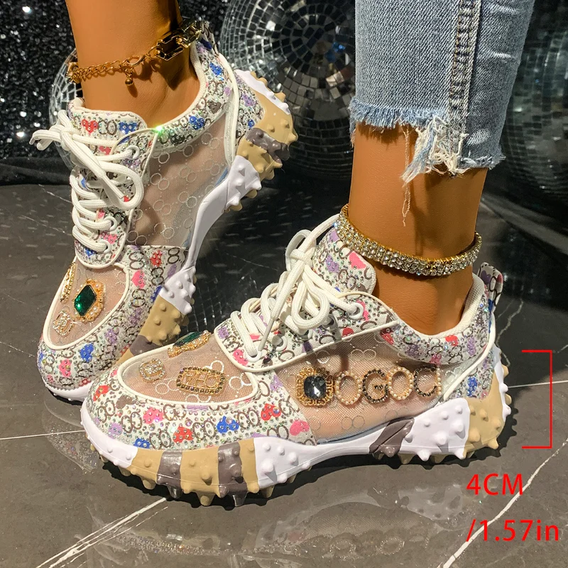 

Womens Designer Sneakers Mesh Sports Shoes Diamond Decoration Breathable Non-slip Luxury Running Shoes Thick Bottoms Casual Shoe