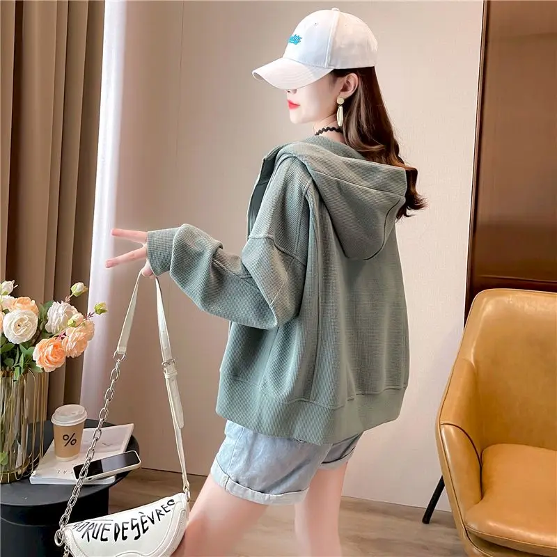 Waffle Short Hoodies Women Spring Autumn Trendy Thin Cardigan Hoodie Korean Style Loose Chic Sports Hooded Coats Casual Jackets