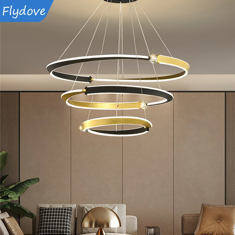 

Modern Creative Multiple Ring Led Black Gold Ceiling Chandeliers for Dining Room Bedroom Villa Aluminum Body Decor Pendant Lamp