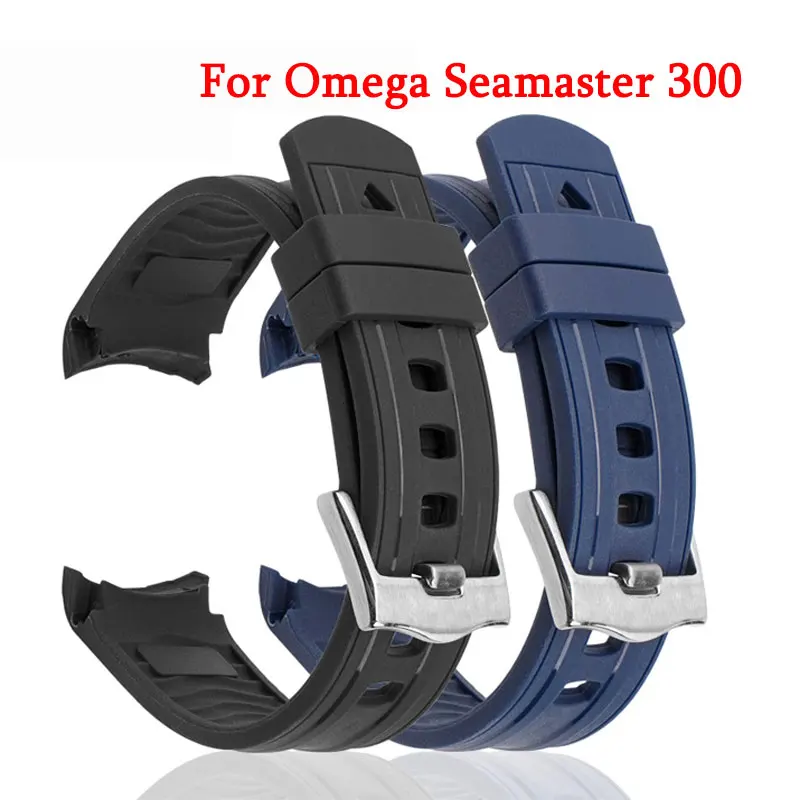 Cao Su Silicone Dây Đeo Đồng Hồ Cho Omega Seamaster 300 Dây Đeo Thay Thế Khóa Thép Không Gỉ 20Mm Cong Cấp Đen Mềm Xanh Wristbelt