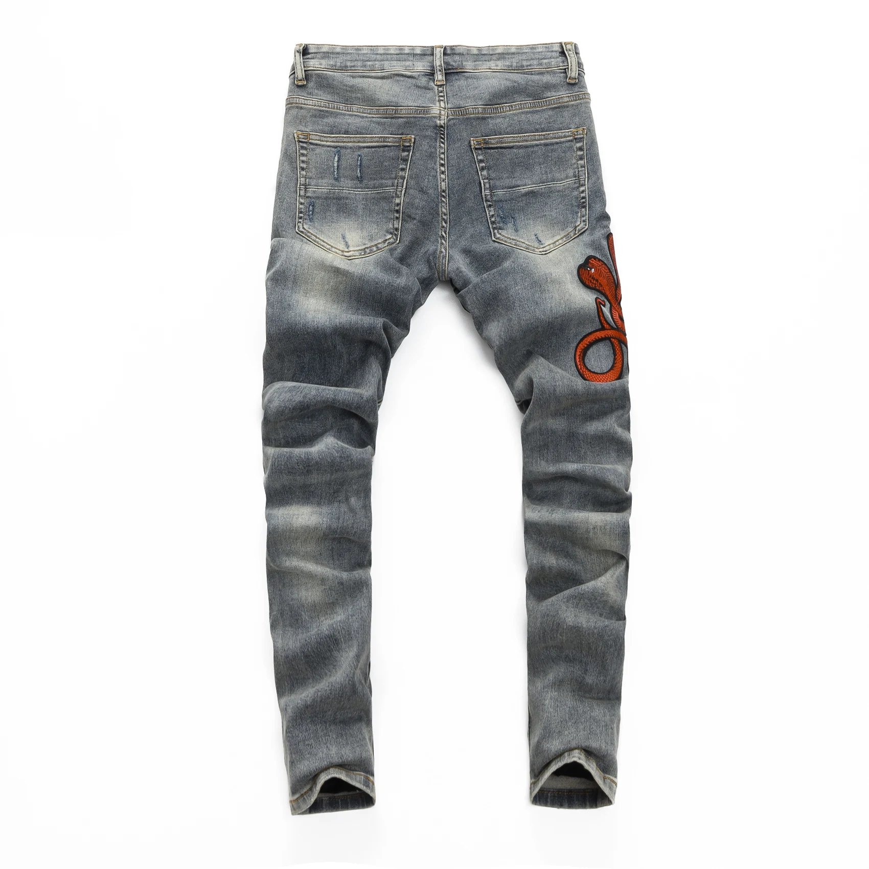 Y2K street fashion new men's jeans Y2k snake embroidery nostalgic washed elastic slim fit perforated red skin patch light blue