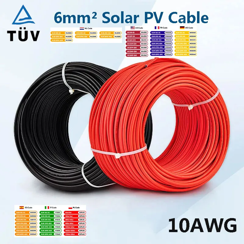 Câble solaire 10AWG 30M 50M 100M 6MM 4MM, câble PV noir ou rouge en cuivre élevé