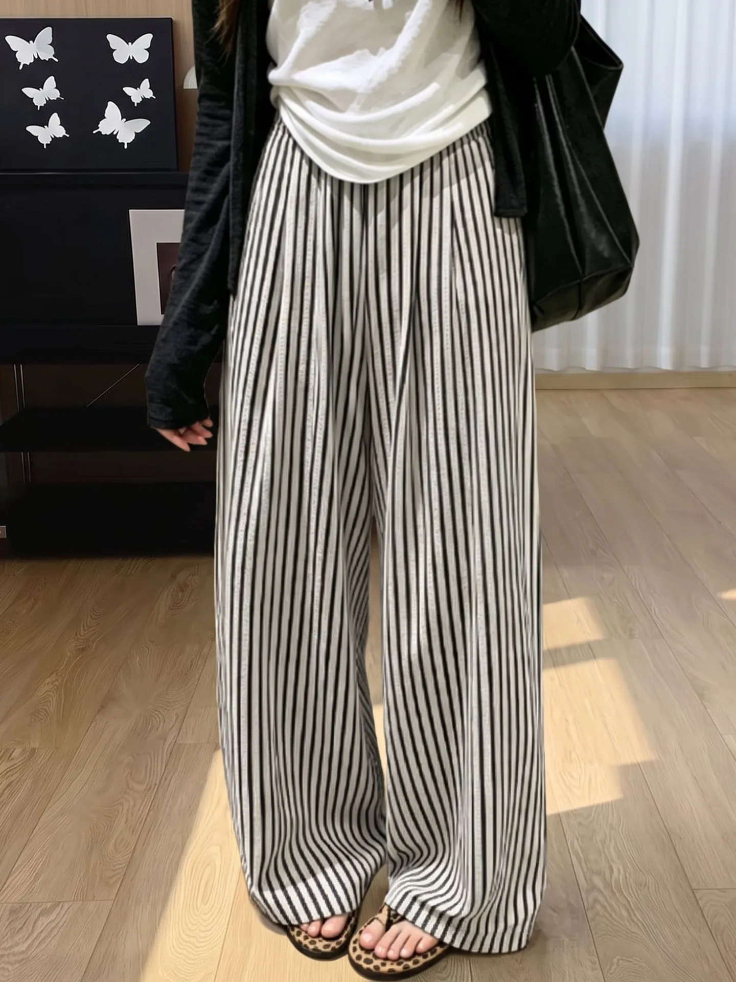 Black White Striped Summer Thin New Large Size Women's Loose Wide Leg Pants Ice Silk Straight Cut Trousers Comfortable Casual