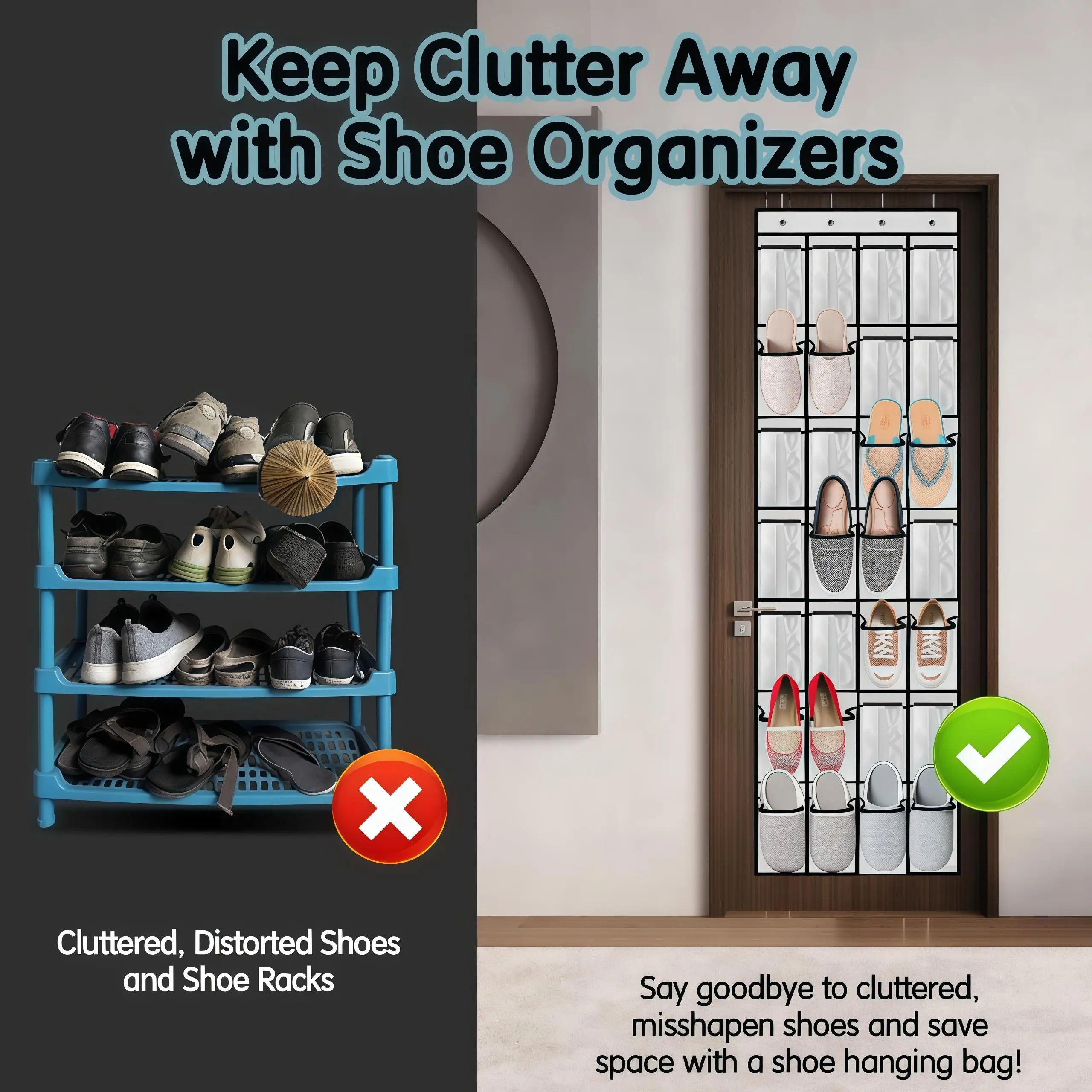 28 Pockets Over The Door Shoe Organizer Large Capacity Hanging Storage Bag Space Saving Closet Shoe Rack with 4 Metal Hooks Wardrobe Wall Hanger Pouch for Home Bedroom Organization White view 7