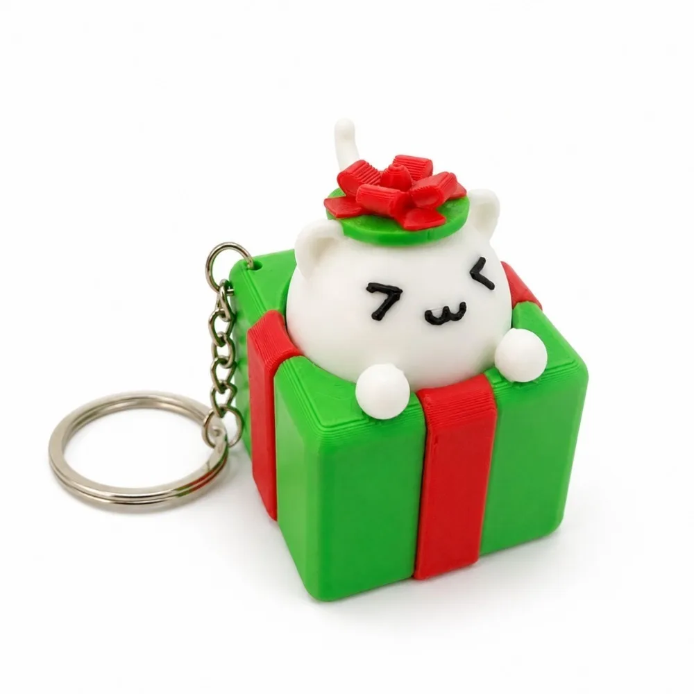 3D Printed Christmas Clicker Keychain Cute Gift Box Shape Button Press Key Ring Cat Kawaii Style Fidget Bag Cat Keychain