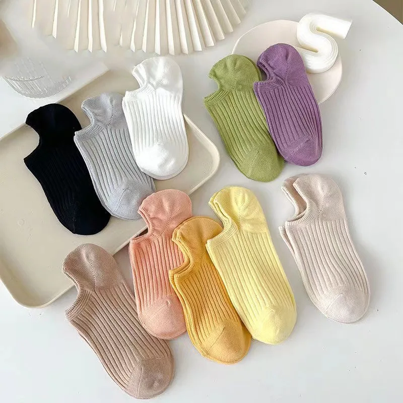 5/10 Pairs of Summer Thin Candy Colored Invisible Women\'s Short Socks Fashionable and Breathable Silicone Anti Slip Boat Socks