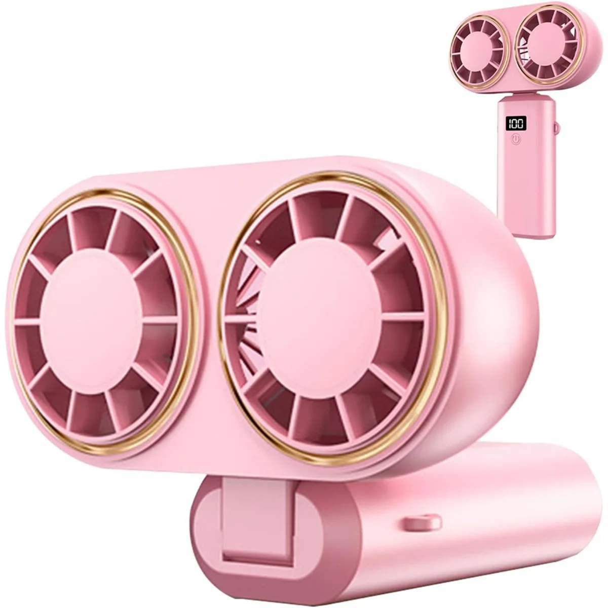 A52QПортативный ручной вентилятор с зарядкой через USB, двойной вентилятор, цифровой дисплей, перезаряжаемая батарея, розовый