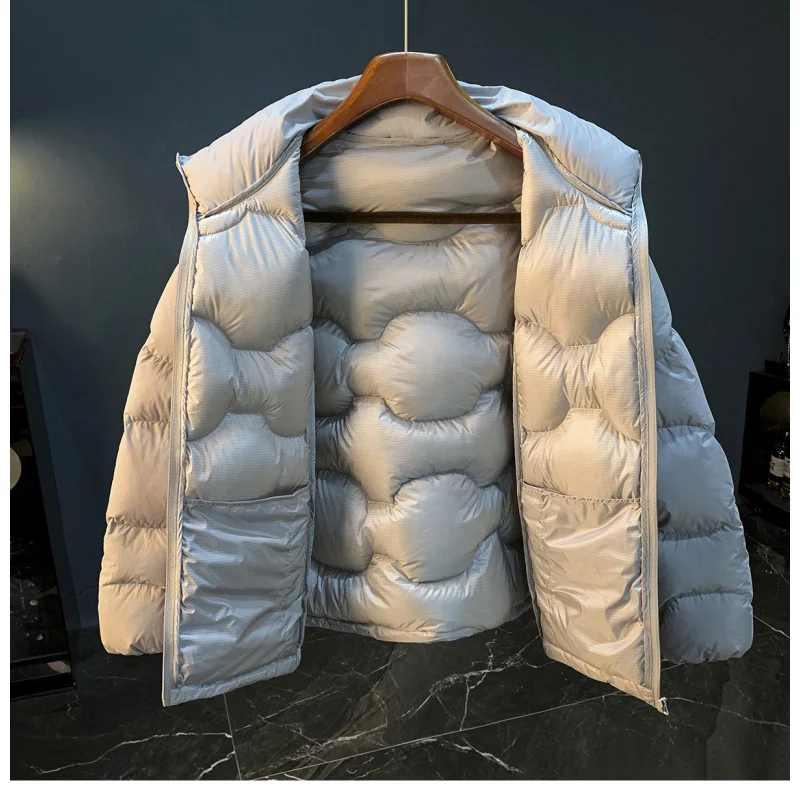 High fluffy winter warm down jacket for men, trendy new 2025 stand up collar duck down thick cold resistant jacket