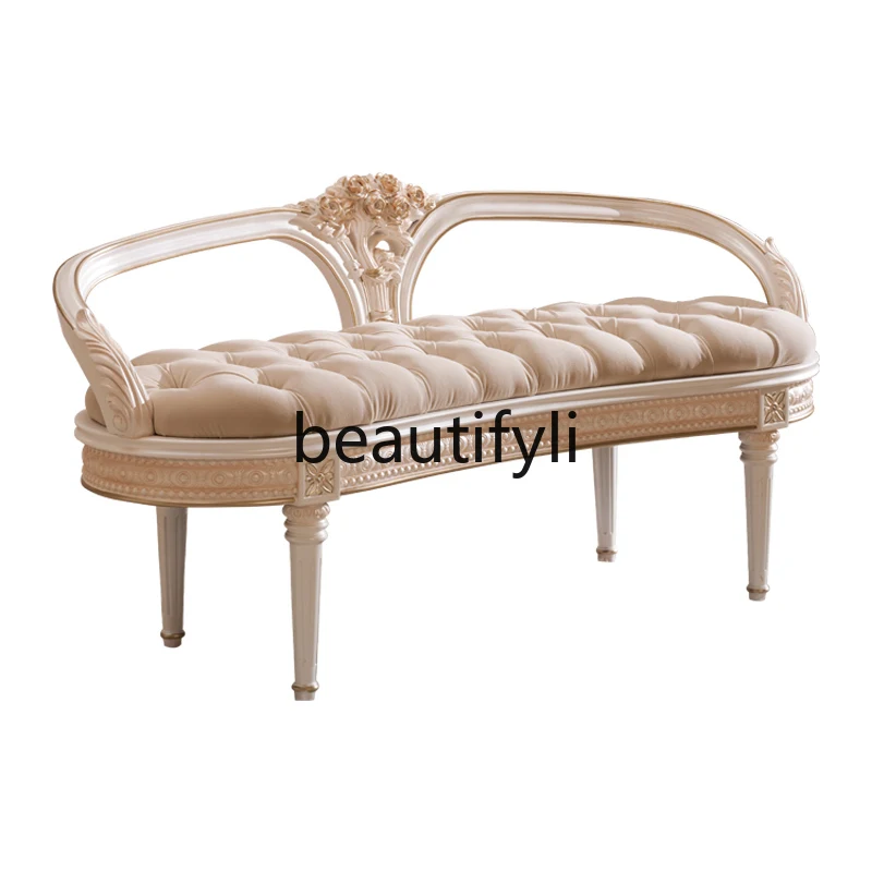 

French court wind bed tail stool solid wood fabric leisure chair European shoe changing stool