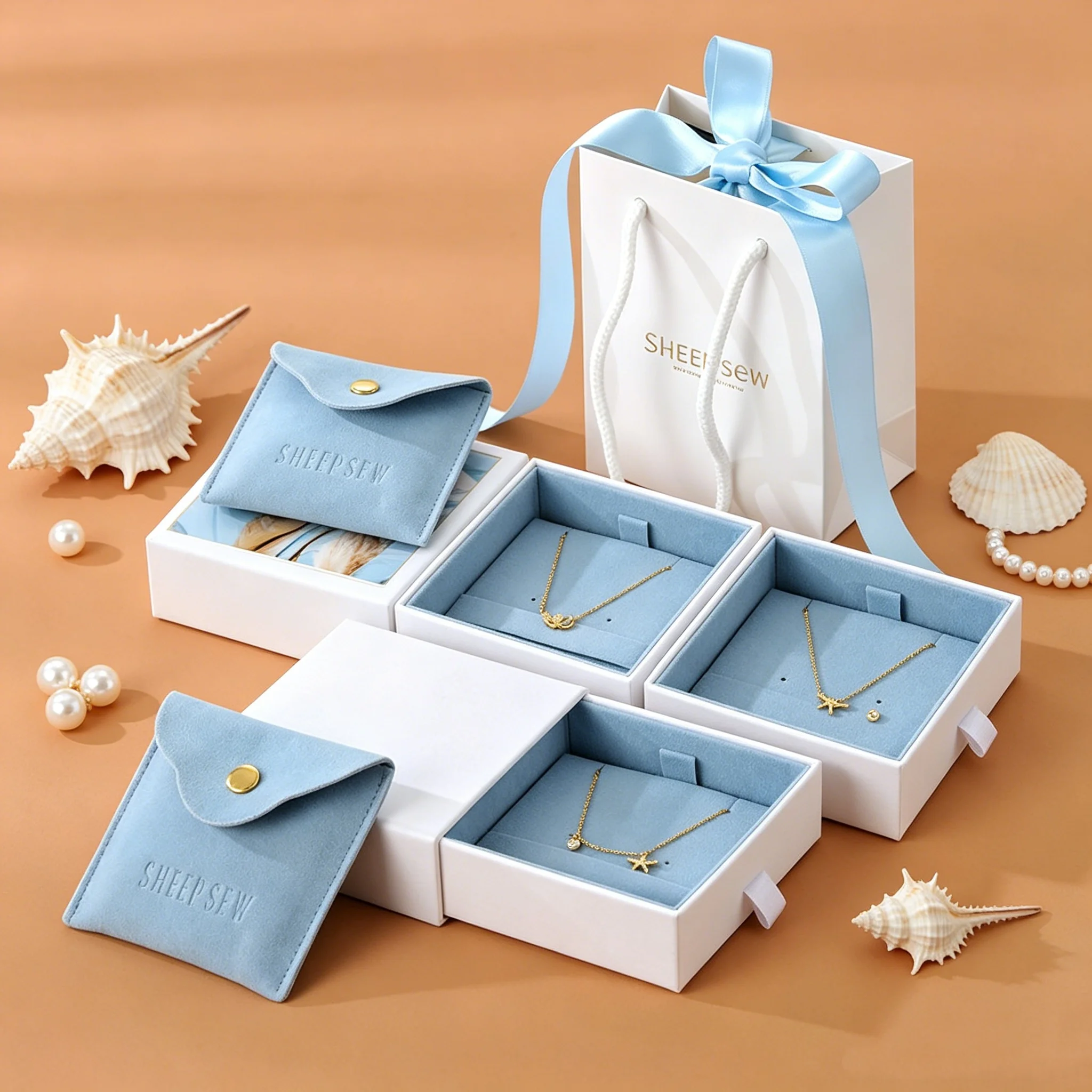 SheepSew Custom Logo Jewelry Packaging Set Sliding Drawer Paper Box Microfiber Buckle Snap Jewelry Pouch Gift Packaging Bags For