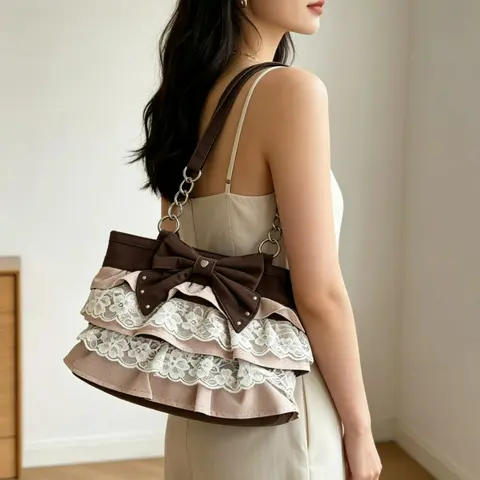 Fashionable Pleated Skirt with Decorative Bow Ties on The Hem, Lace Handbag, Women's Lightweight Canvas Large-capacity Tote Bag
