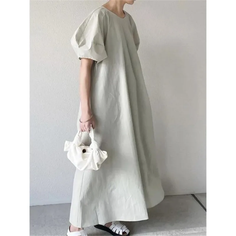 

Summer White Korean Puff Sleeve Women's Long Dresses High Waist New 2024 Casual Loose O-Neck Fashion A-Line Dress Female