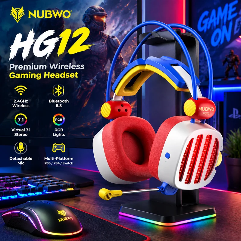 NUBWO HG12 Premium Wireless Gaming Headset 2.4GHz Bluetooth 5.3 Virtual 7.1 Stereo RGB Lights Detachable Mic for PS5,PS4,Switch