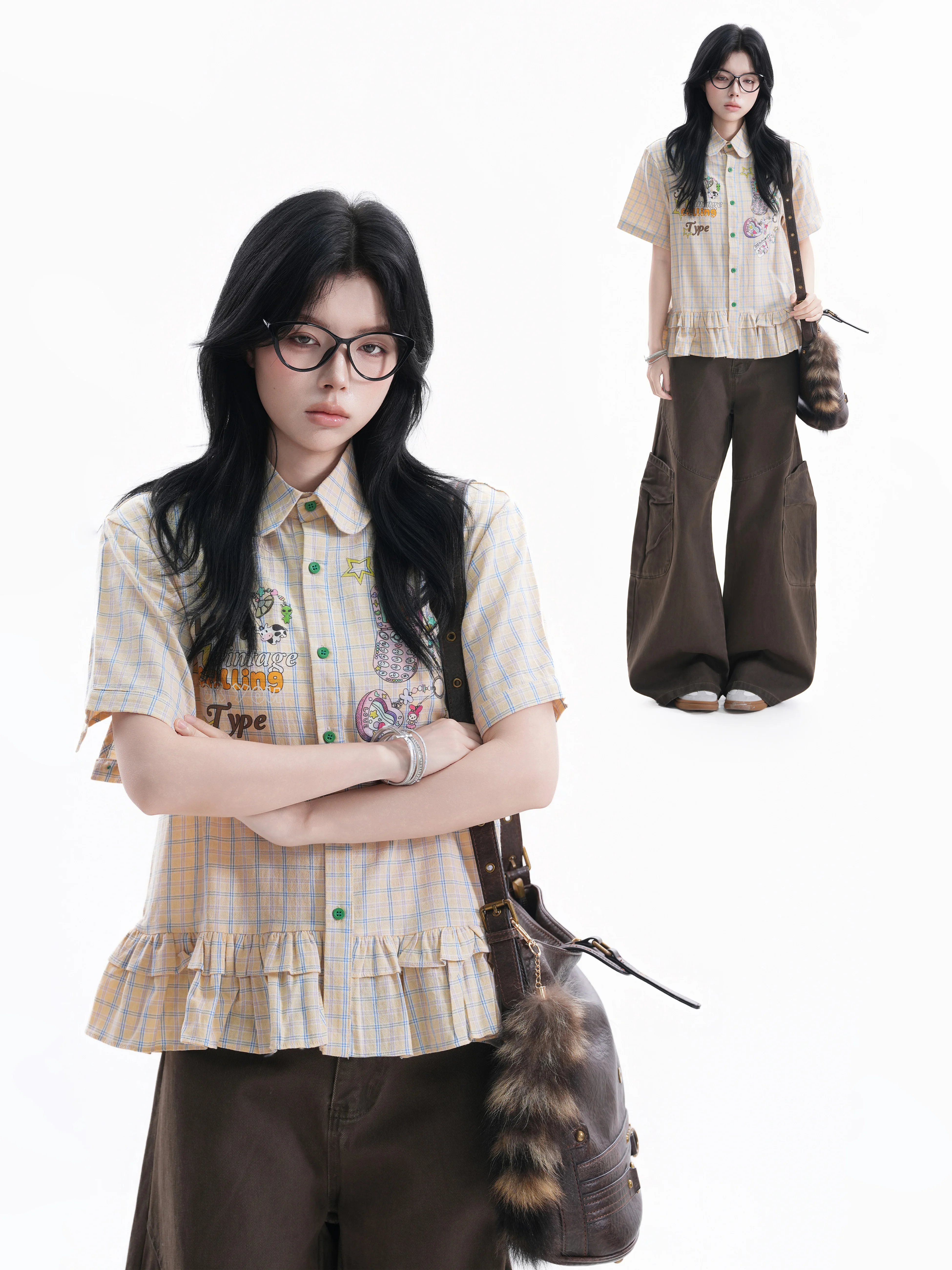 

Casual Style Plaid Short Sleeve Shirt Women's Design Sense Frock Coat Collar Cotton Blend Summer Fashionable Cute Cartoon Gra...