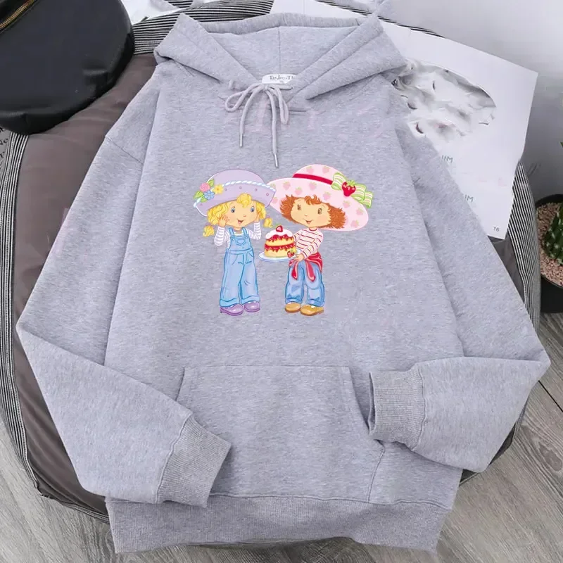 كارتون الفراولة المرأة هوديس الفراولة كعكة هوديس قمم جيوب طويلة الأكمام الأزياء قمصان سويت شيرت بقلنسوة