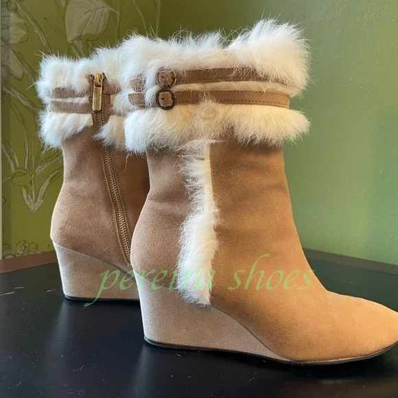 Women Suede Faux Fur Trim Wedge Ankle Boots Pointed Toe Double Buckle Strap Side Zipper Winter Warm Ladies Booties Runway 34-46