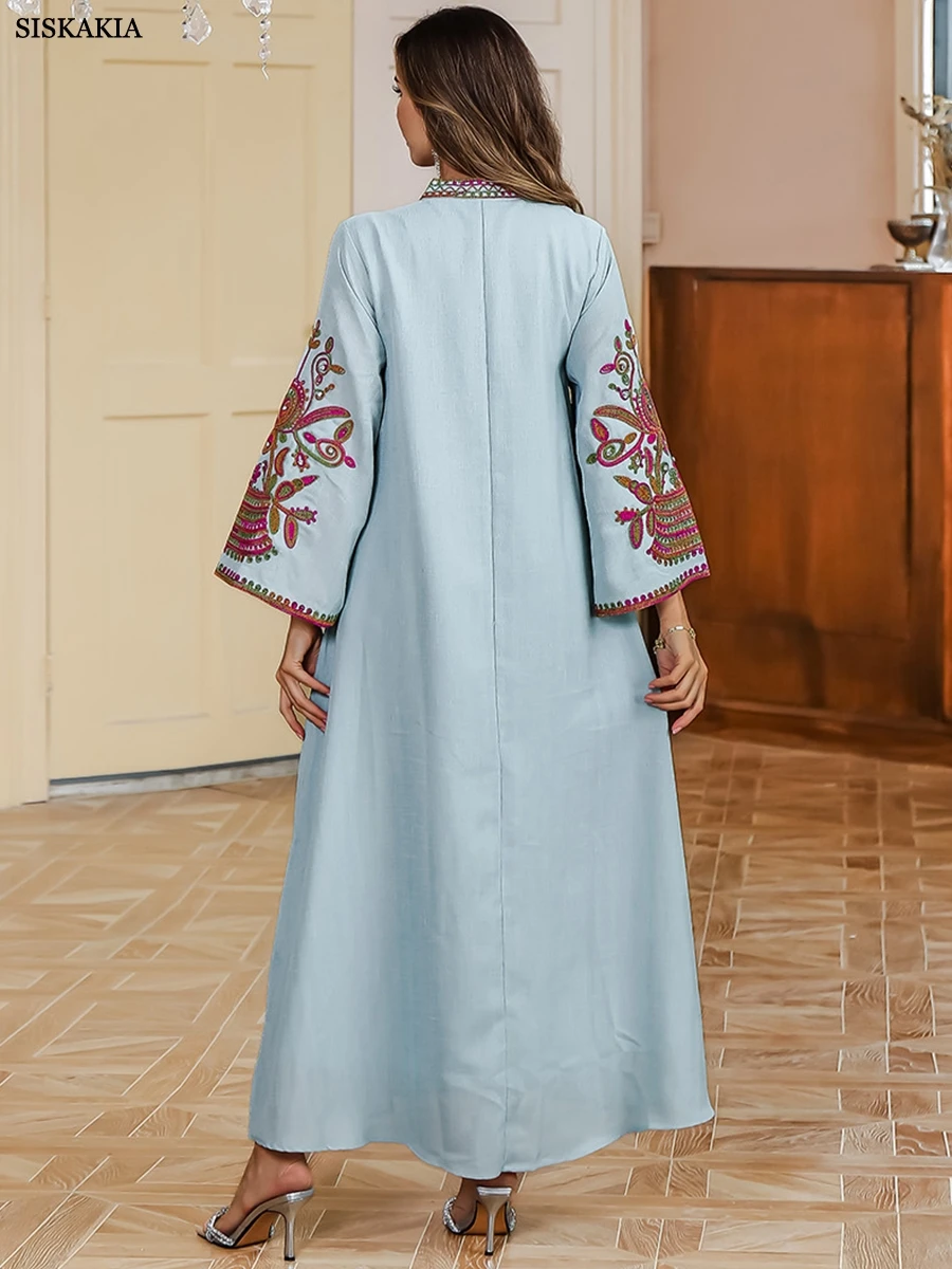 Siskakia Muslim Dubai Woman’s Abayas Embroideried Elegant Fashion Casual Loose Long Dress Moroccan Robe For Femme Musulmane 2024