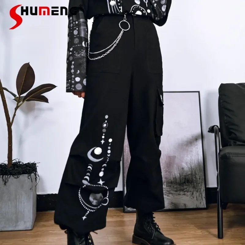 

Unique Design Chinese Style Pocket Overalls Women's Clothes Outdoor Wide-leg High-waisted Black Pants Hip Hop Y2k Baggy Trousers