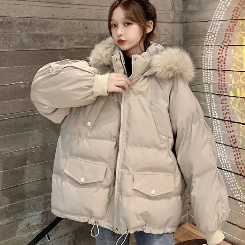 GIDYQ Crop Hooded Hairy Collar Down Cotton Parkas Women Korean Casual Thick Warm Padded Jacket Loose Snow Wear Coat Winter New