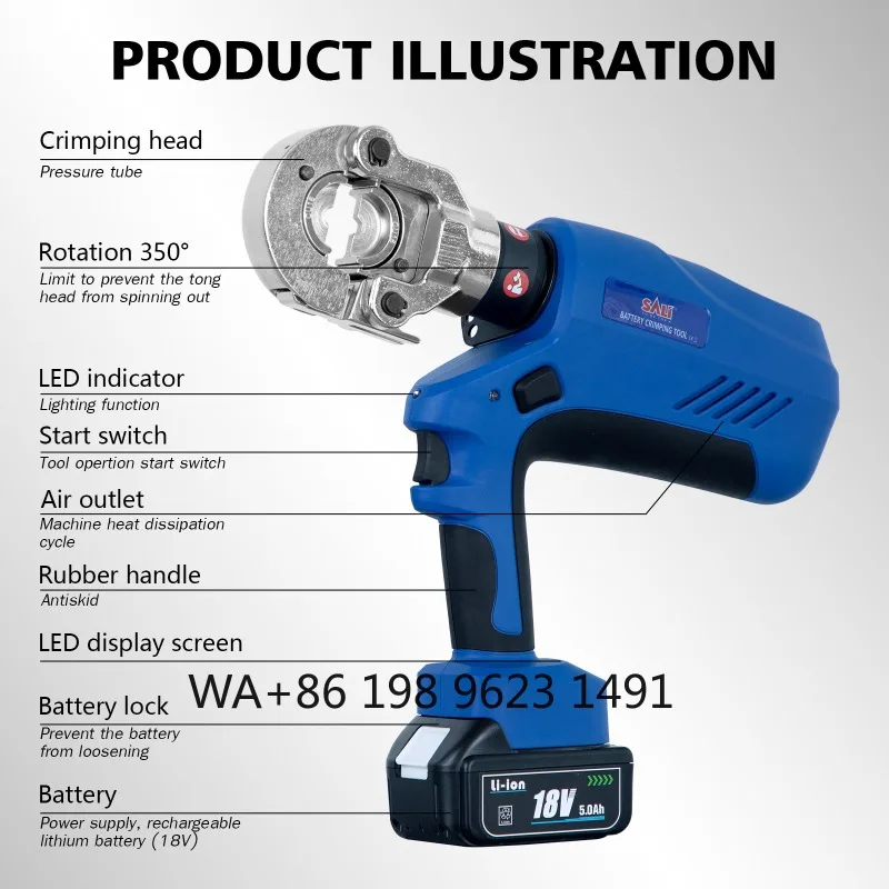 Portablehydraulic crimping pliers, li-ion battery cordless design, wide 16-300 Sqmm range for industrial cable crimping