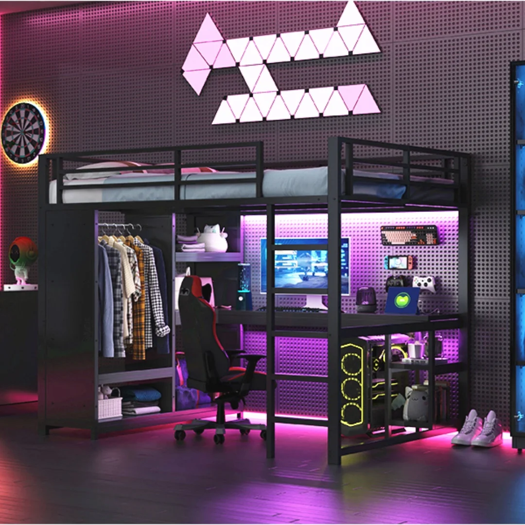 Lit en métal. Lit ottoman avec lumières LED, bureau, armoire ouverte et tiroirs, cadre de lit noir. Sans matelas 140x200cm