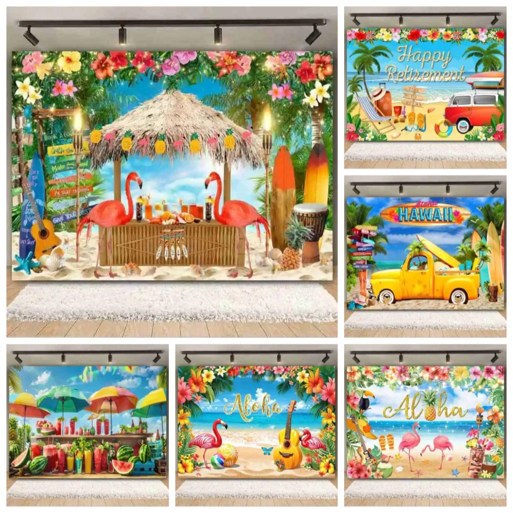 

Summer Beach Palm Tree Surfboard Theme Background Cloth, Hawaii Tropical Seaside Bar Holiday Party Photography Studio Background