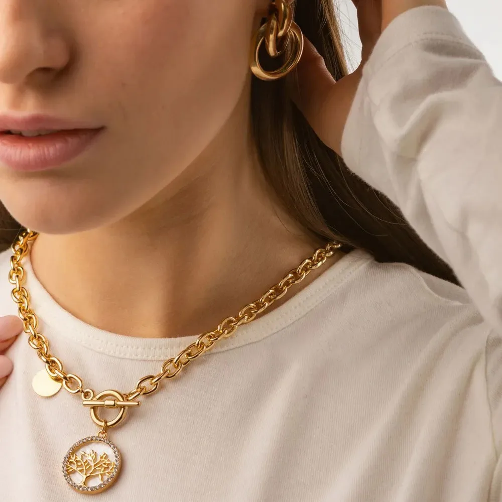 

Edgy Tree of Life Necklace Gold-Toned Metal Pendant Unisex Minimalist Statement Jewelry