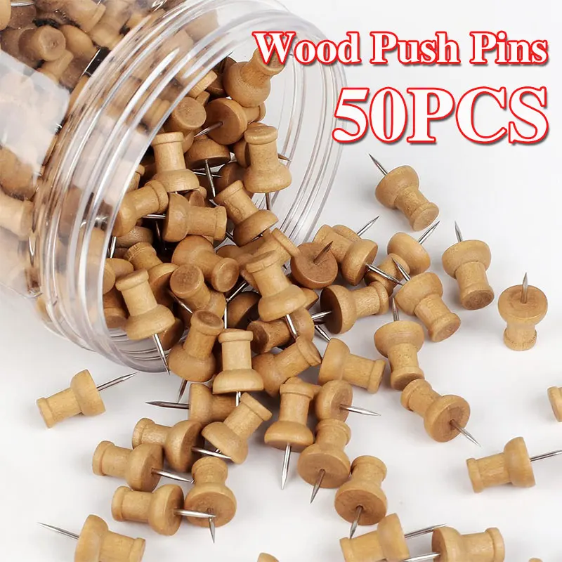 50PCS Wood Push Pins Wooden Thumb Tacks Steel Point Decorative For Cork Boards Map Photos Calendar Home Office Craft Projects
