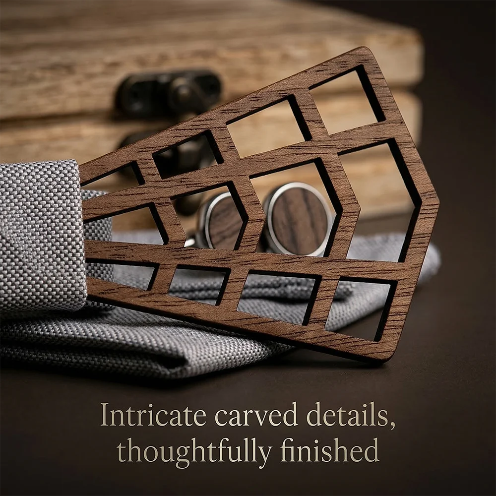 Mens Wooden Bowtie Set Geometry Grid Pattern Wedding Groom Groomsmen Bow Tie Cufflinks White Pocket Square Gift Box Party