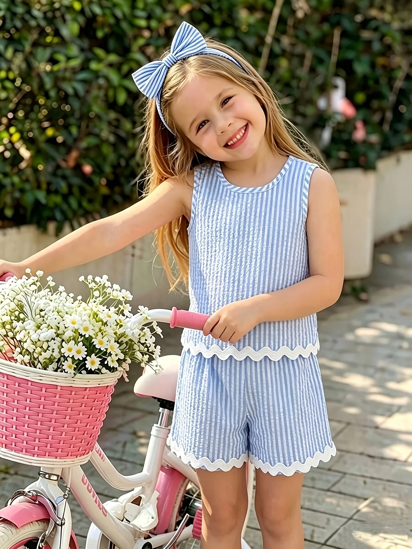 Zweiteiliges Set für Mädchen in Blau und Weiß mit Streifenmuster: ärmelloses Oberteil mit Seersucker-Textur und gewellten Saumdetails, kombiniert mit – Detail 1