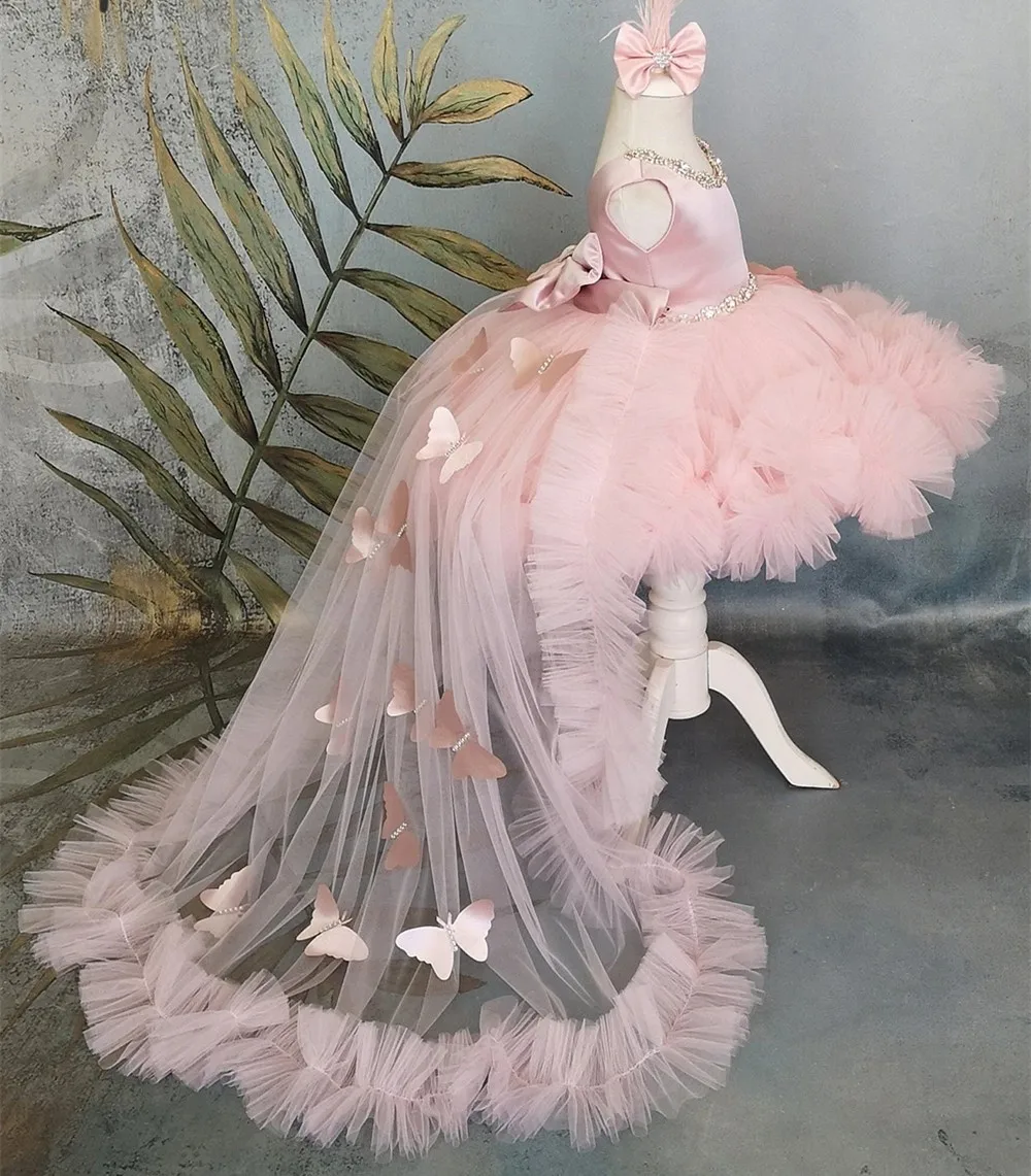 Vestido rosa de flores para niña, traje de tul con diamantes de imitación, mariposa hinchada, fiesta de cumpleaños, boda, vestido de baile con volantes, bata de desfile para niño