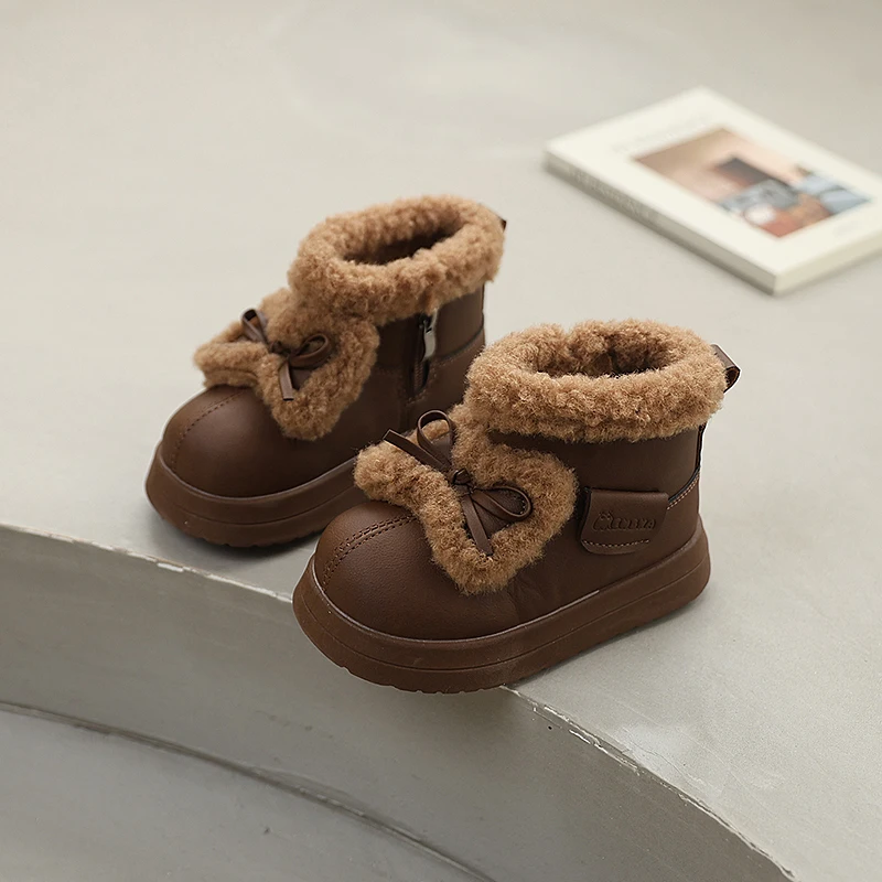 

Sweet Girls Furry Ankle Boots Fashion Bowknot Kids Winter Plush Boots Thick Soled Soft Children's Hairy Cotton Boots Side Zipper