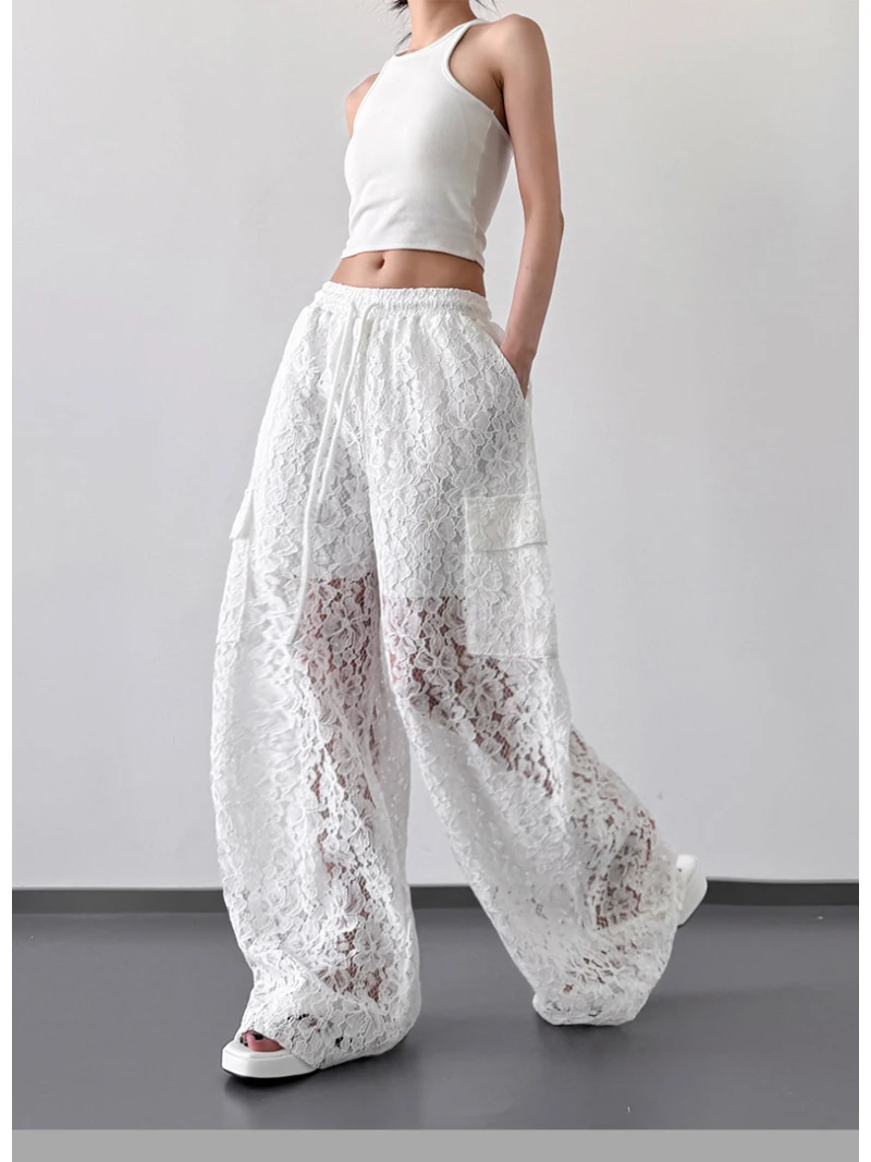 Women's Summer Casual Streetwear White Embellished Sheer Lace Drawstring Waist Wide Leg Cargo Pants 2026