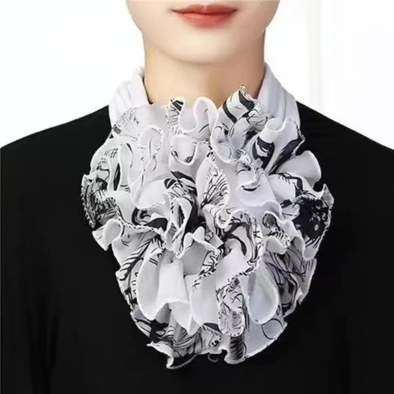 Floral Print Chiffon Neck Collar Ruffles Fake Collar Elegant Women Neckerchief Detachable Neck Warm Instant Scarf 23*14cm