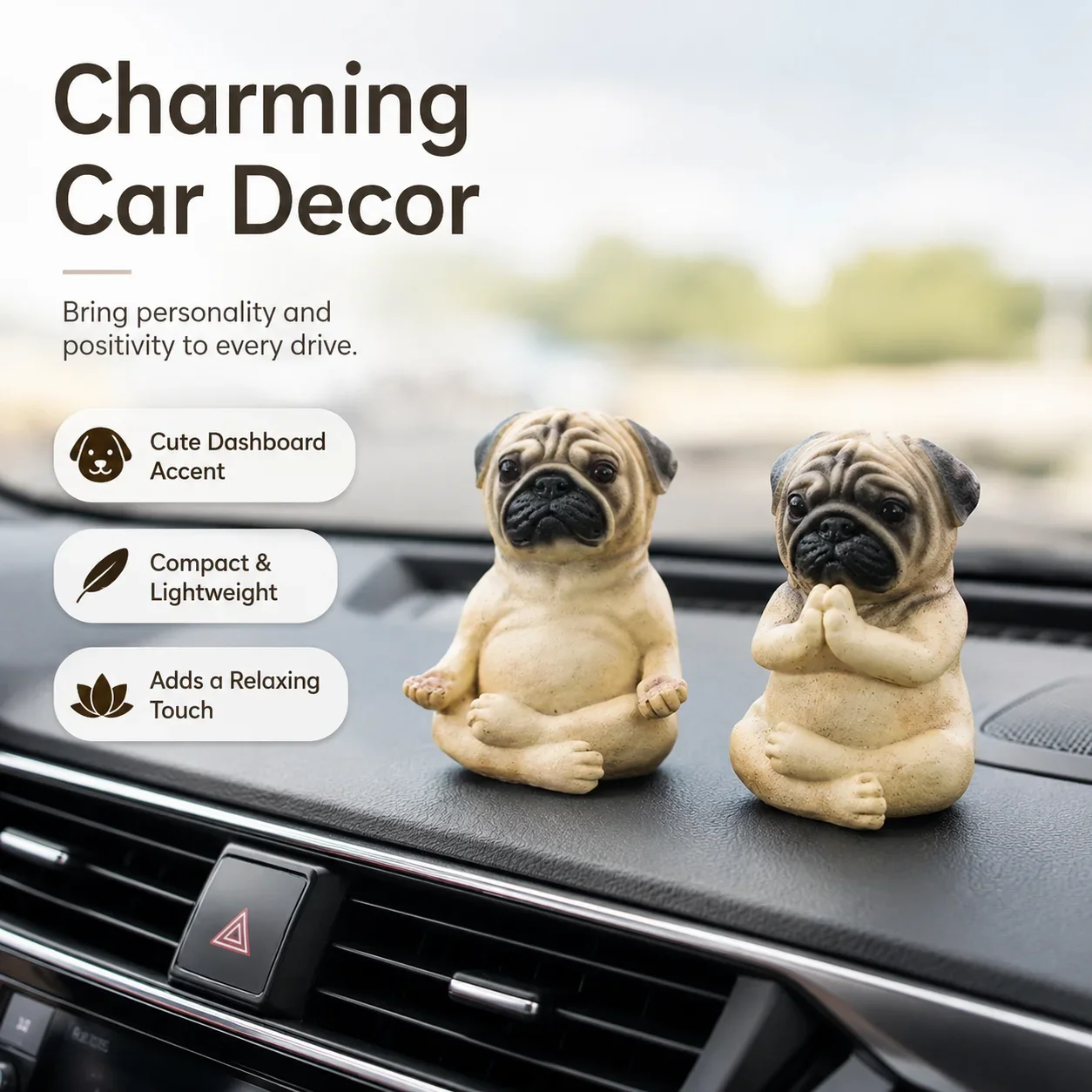 Adorable Pug Dog Car Ornament, Yoga Sitting Puppy Figurine, Resin Dashboard Decor, Healing Home Collectible Gift for Pet Lovers