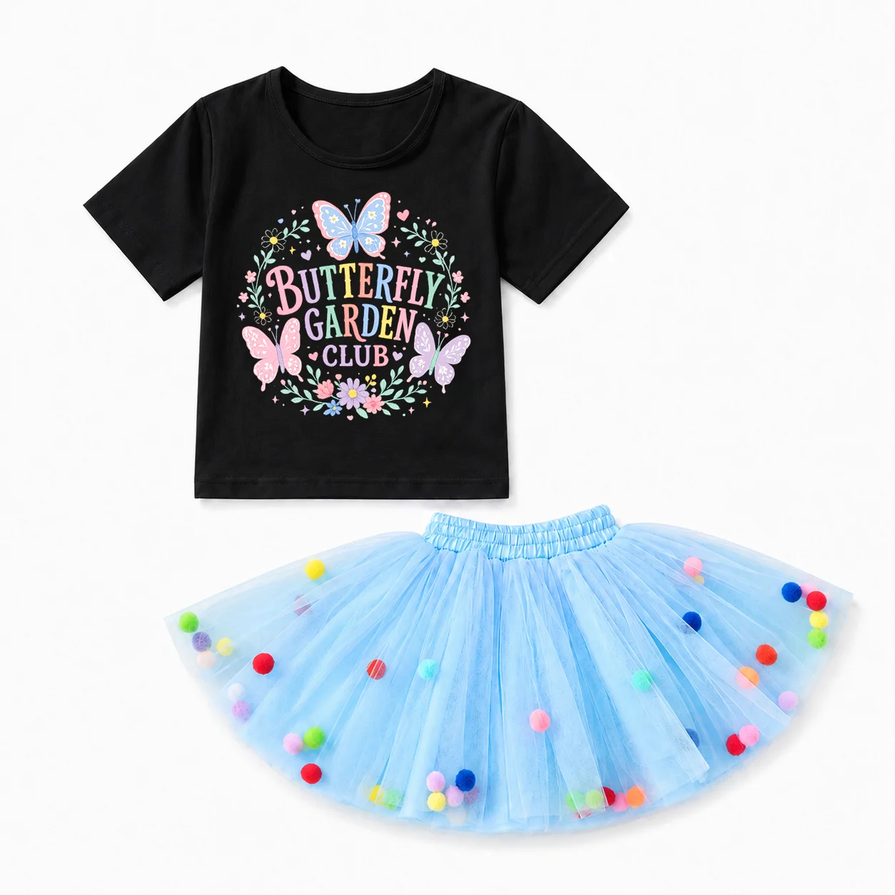 Girls 2Pcs Summer Outfit Butterfly Garden Club Print Short Sleeve T-shirt Color Pom Pom Blue Tulle Tutu Skirt Kids Princess Birt