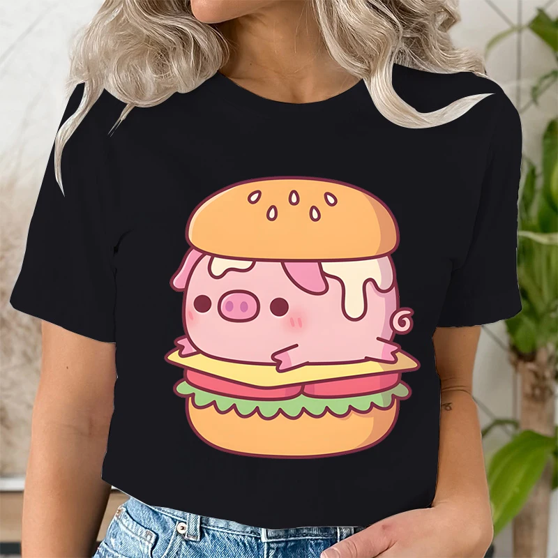 Harajuku Fashion T-shirts Aesthetic for Women Trend Casual Tee Clothes Female Clothing Funny Burger Pig Animal Print Tee Shirt