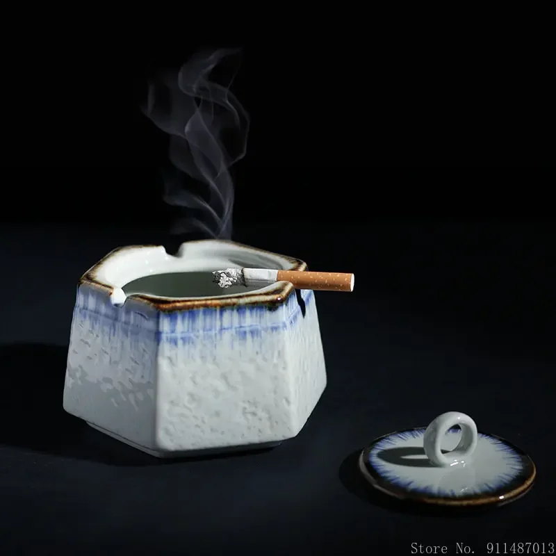 Japanese Style Ceramic Ancient Well Hexagon Ashtray, Creative With Lids Ashtray, Household Office Desk Decorations, 1Pc
