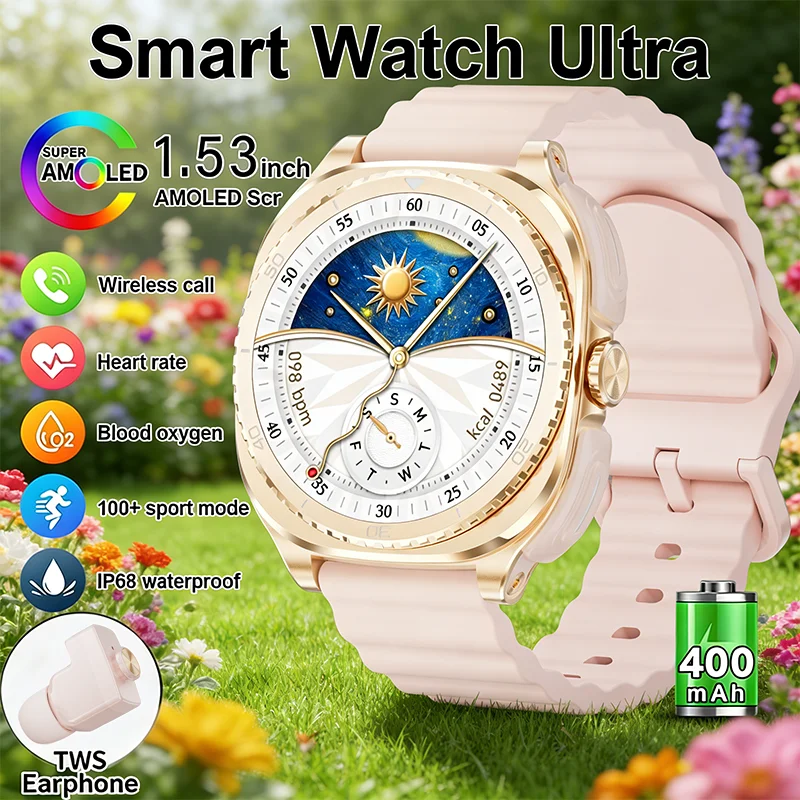 

2026 Спортивные часы НОВЫЕ модные умные часы для женщин TWS Беспроводной стерео музыкальный плеер Сердечный ритм Здоровье Полный сенсорный умный часы + наушник