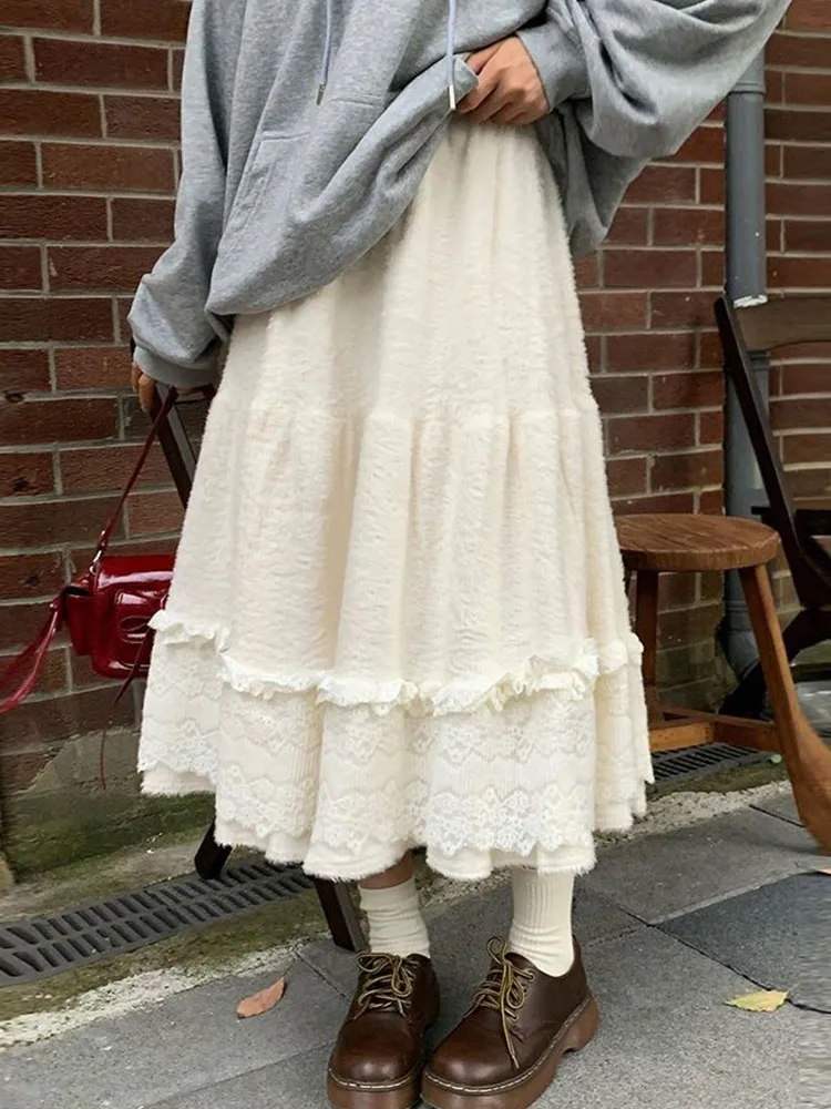 Ballet Style High Waist Lace Long Skirt Women's Autumn Winter New Fashion Slim A-Line Furry  Skirt Sweet Brand Ya Bai Lai