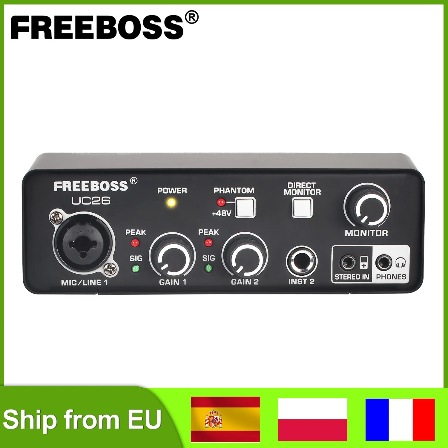 FREEBOSS Stereo Recording Audio Interface Guitar ASIO4ALL 3 Channels Input Monitor 48V External Usb Sound Card for Studio UC26