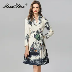 MoaaYina Fashion Designer Autumn Winter Women's Turn-Down Collar Long-Sleeved Lace-UP Double-Breasted Print Casual Coat