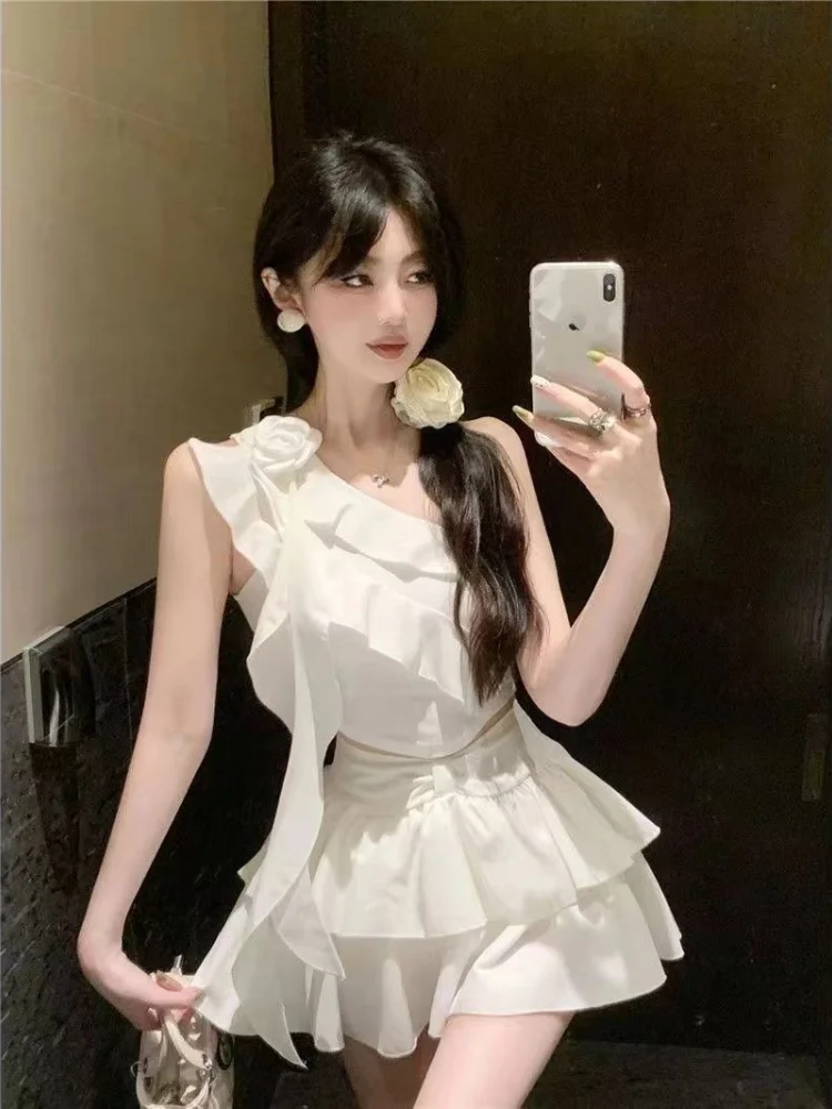Skirt Woman Outfit Lightly Cooked 2 Pieces Sets for Women Short Sleeve Kawaii Festival Summer Clothes 2024 Chic and Elegant Full
