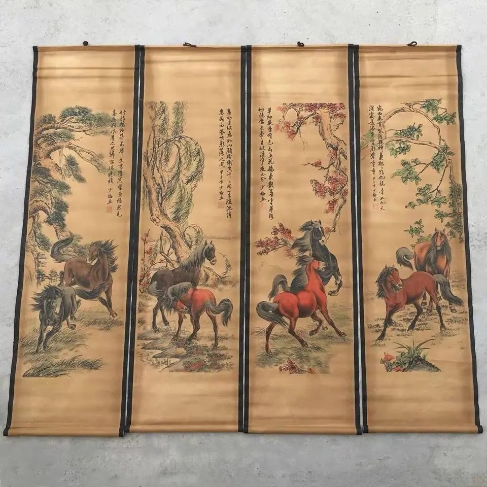 

Eight Horses Painting Collection Four-Screen Hanging Wall Art Antique Chinese Home Decor for Living Room Study Office