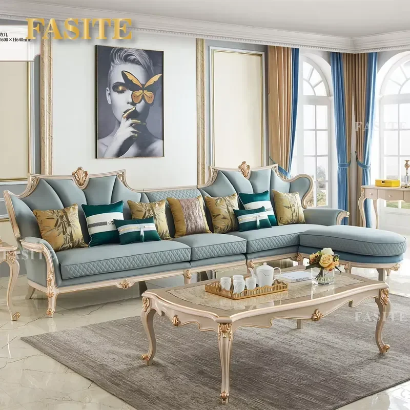 For Luxury French Style Leather Corner Sofa Set Solid Wood Carving Living Room Furniture Elegant Comfortable Home Decor
